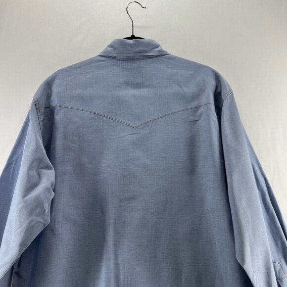Wrangler Western Work Shirt Sz 17x35 Cowboy Cut Pearl Snap Pockets Chambray Blue - Picture 4 of 13